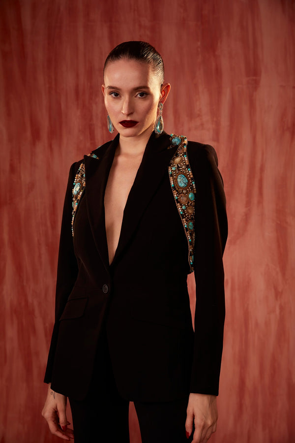 Black Pantsuit Set With Gold Jewelled Hand Embroidered Jacket