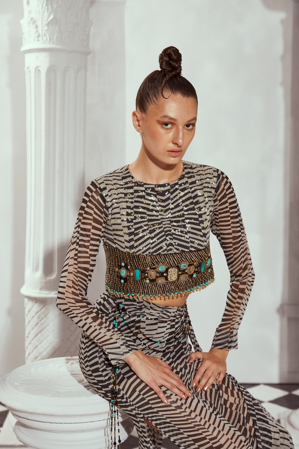 Black & White Byzantine Print Gold Jewelled Hand Embroidered Crop Top With Draped Skirt