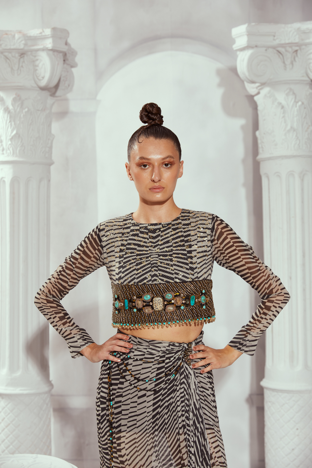Black & White Byzantine Print Gold Jewelled Hand Embroidered Crop