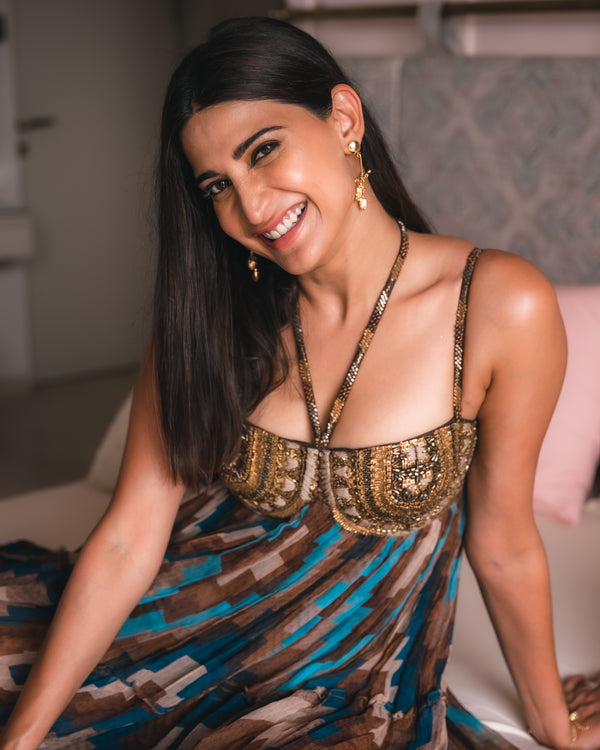 Aahana Kumra in Turquoise Grid Print Maxi with Aged Gold Embroidery
