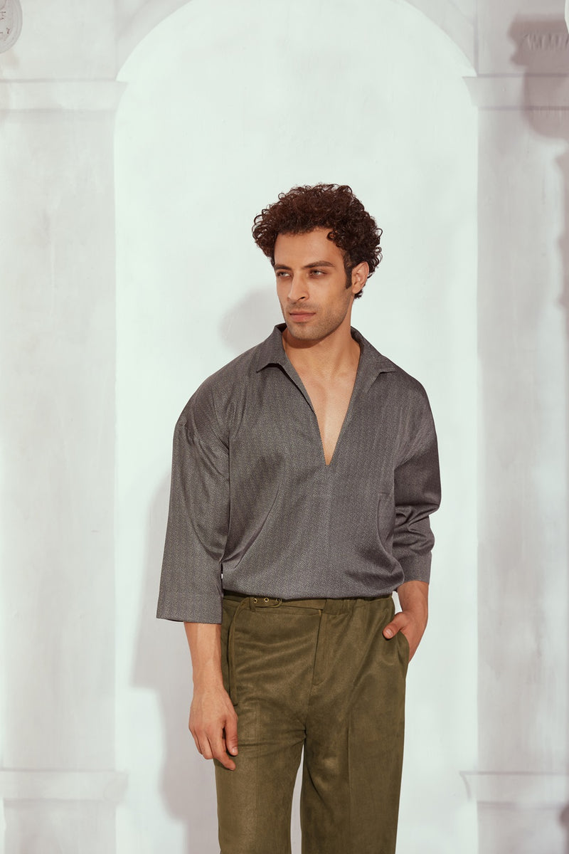 Tweed Print Satin Collared Oversized Crop Shirt