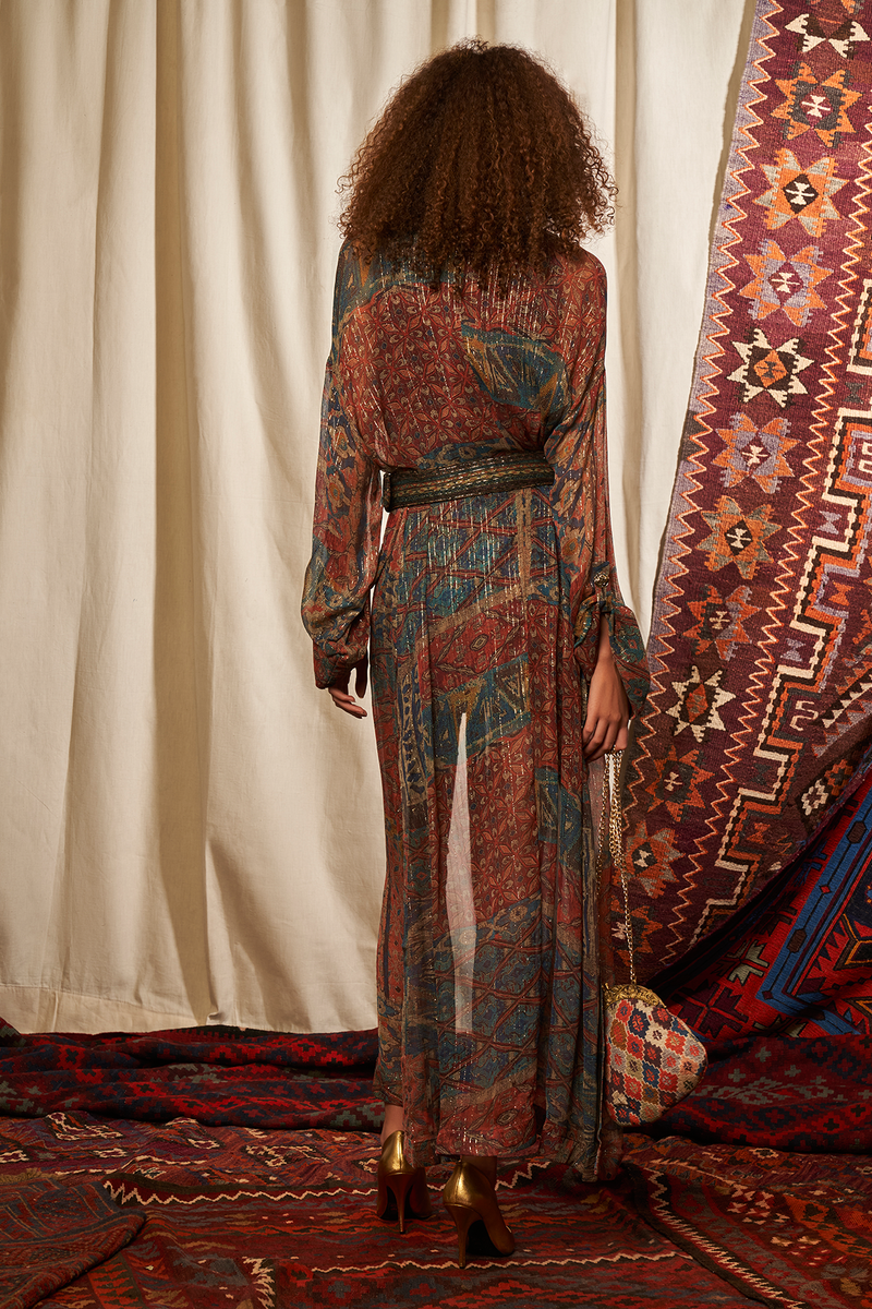 Carpet Print Duster Jacket With Inner Dress And Belt