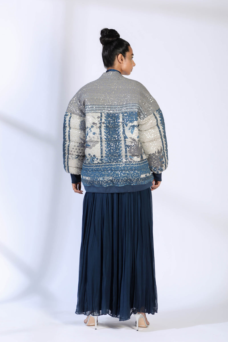 Indigo Blue Floral Sheeted Print Puffer Jacket