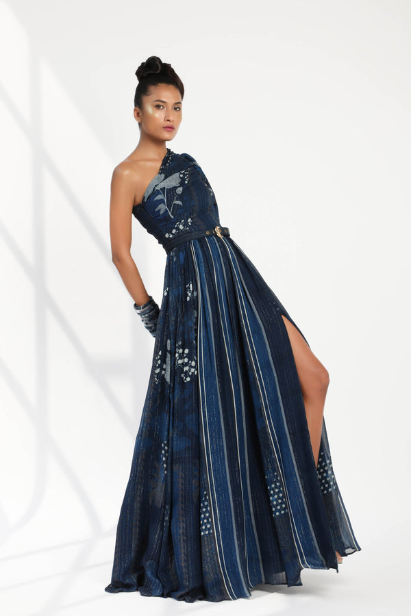 Indigo Blue Floral Print One Shoulder Dress With Belt