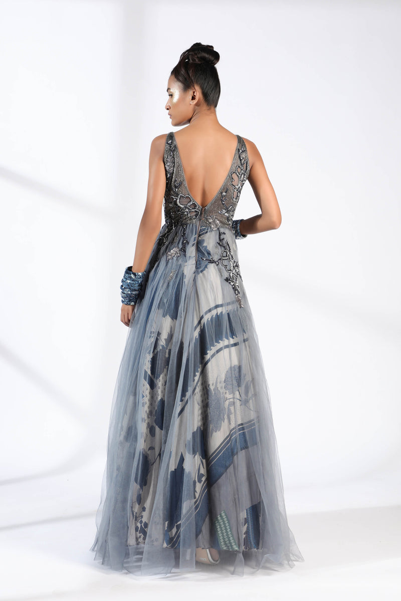 Grey Tulle Gown With Vintage Pewter Handwork