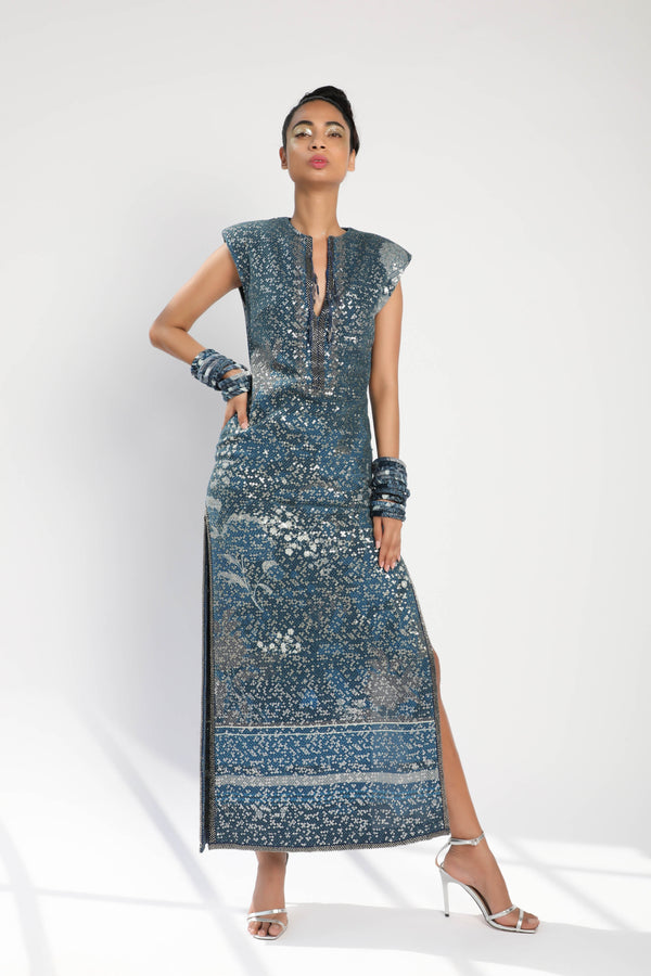Indigo Blue Floral Sheeted Side Slit Dress