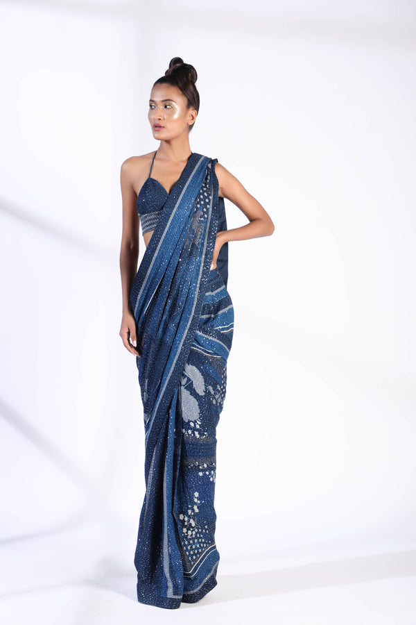 Indigo Blue Floral Two Piece PrePleated Saree With Sheeted Georgette Blouse