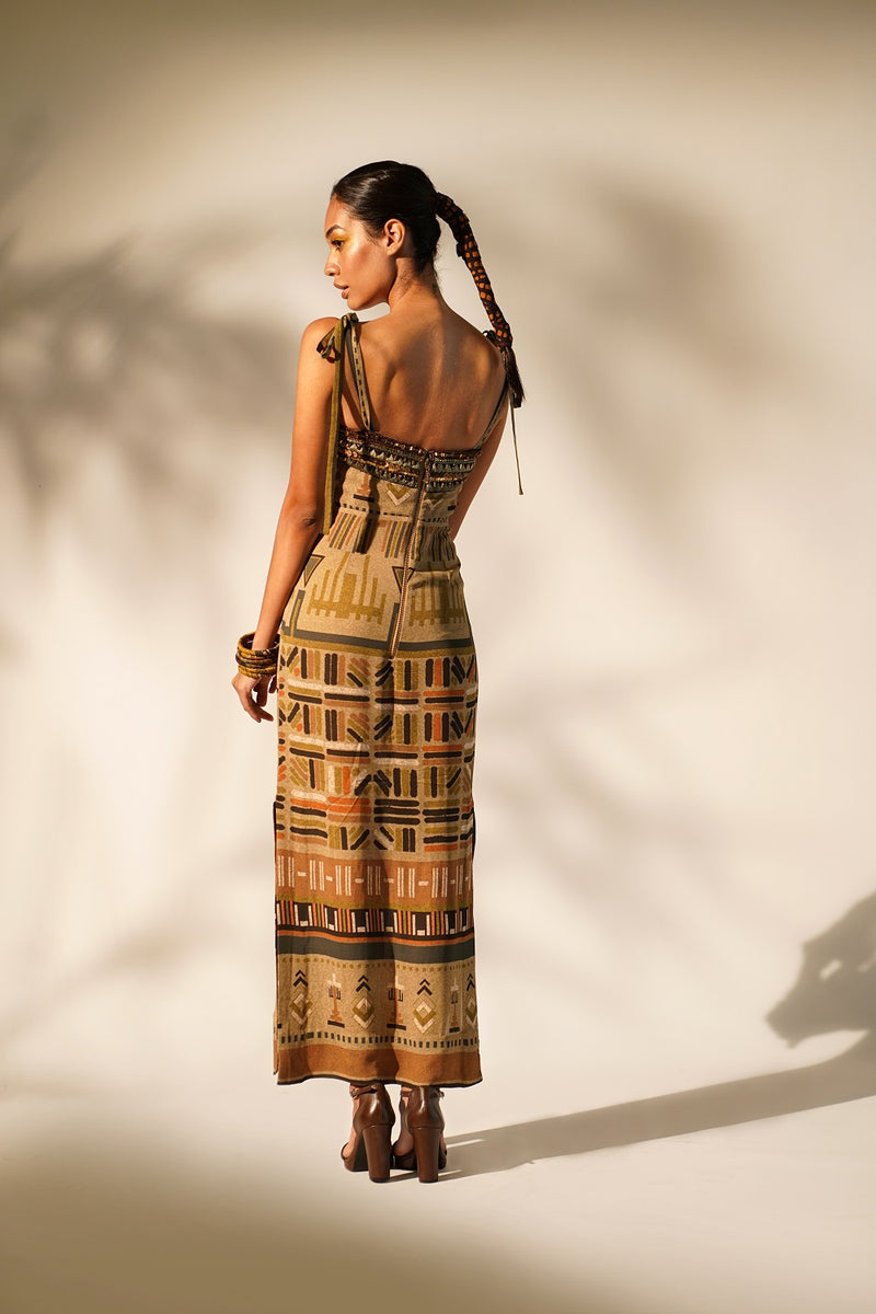 Green Aztec Print Tube Dress With Hand Thread And Wooden Embellishment