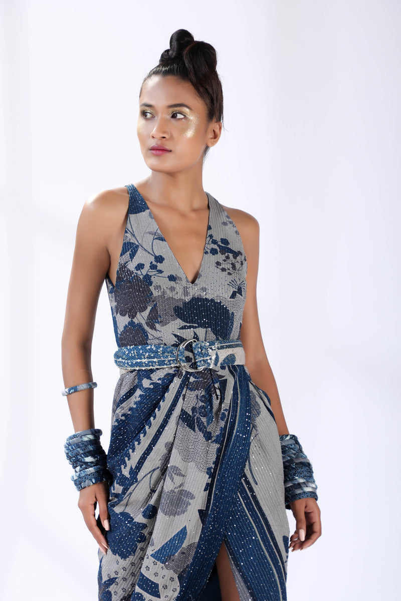 Indigo Blue Floral Sheeted Drapped Dress With Belt