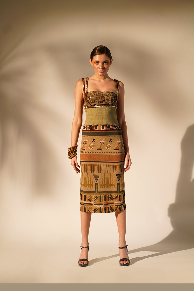 Green Aztec Print Rib Dress With Hand Thread And Wooden Embellishment