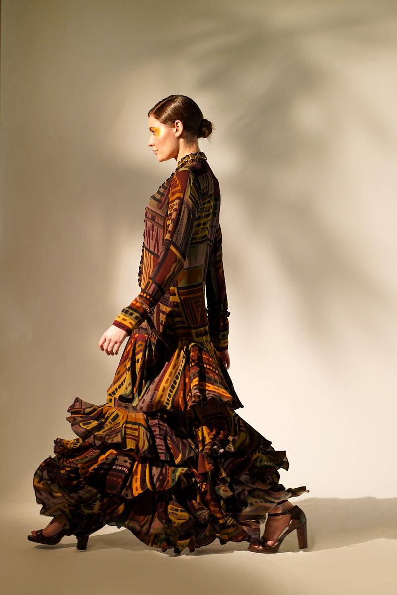 Multicolour Abstract Print Tiered Maxi With Hand Baroque In Metallic Embellishment