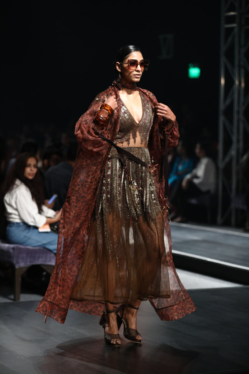 Shereen Sikka In Chocolate Brown Gold Hand Embellished Dress and Stone Print Trench Coat