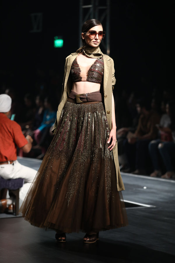 Chocolate Brown Tulle Hand Embroidered Lehenga Skirt, Choli Blouse & Dupatta