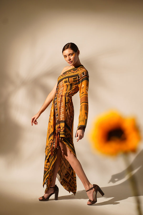 Mustard Aztec Print One Shoulder Dress
