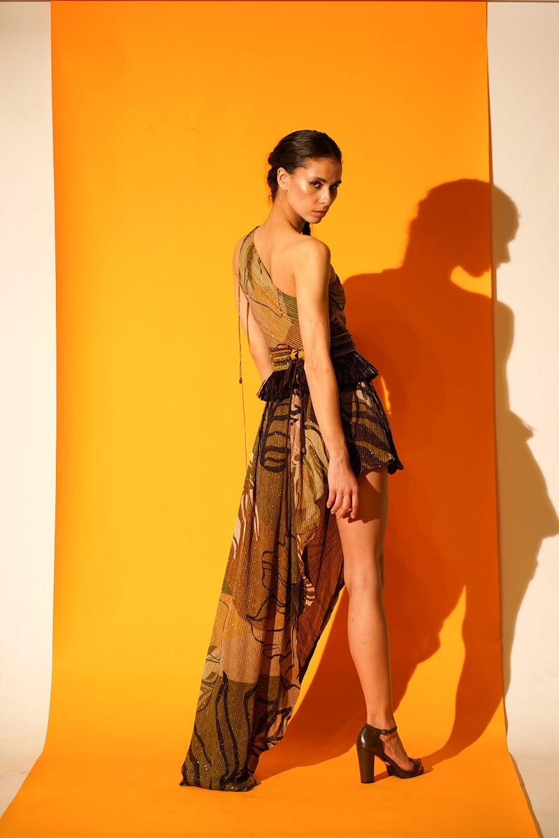 Tropical Brown One Shoulder High Lowdress