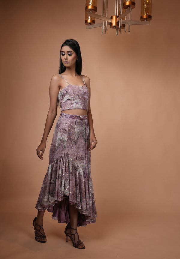 Lilac Floss Print Sheeted Ruffle Skirt
