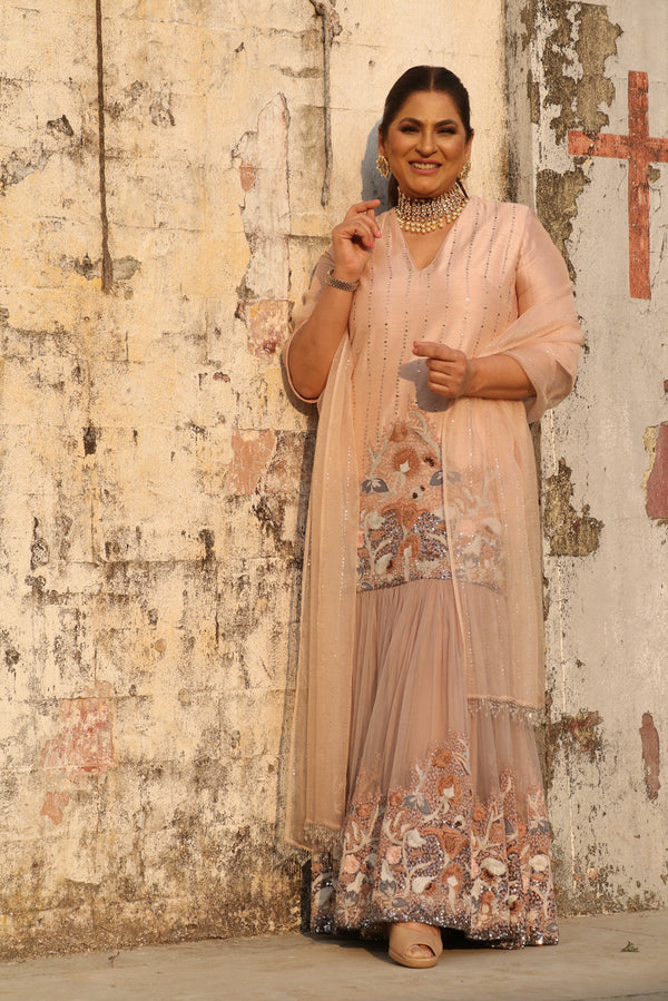 Archana Puran Singh In Blush Pink Pewter Hand Embellished Maxi & Dupatta