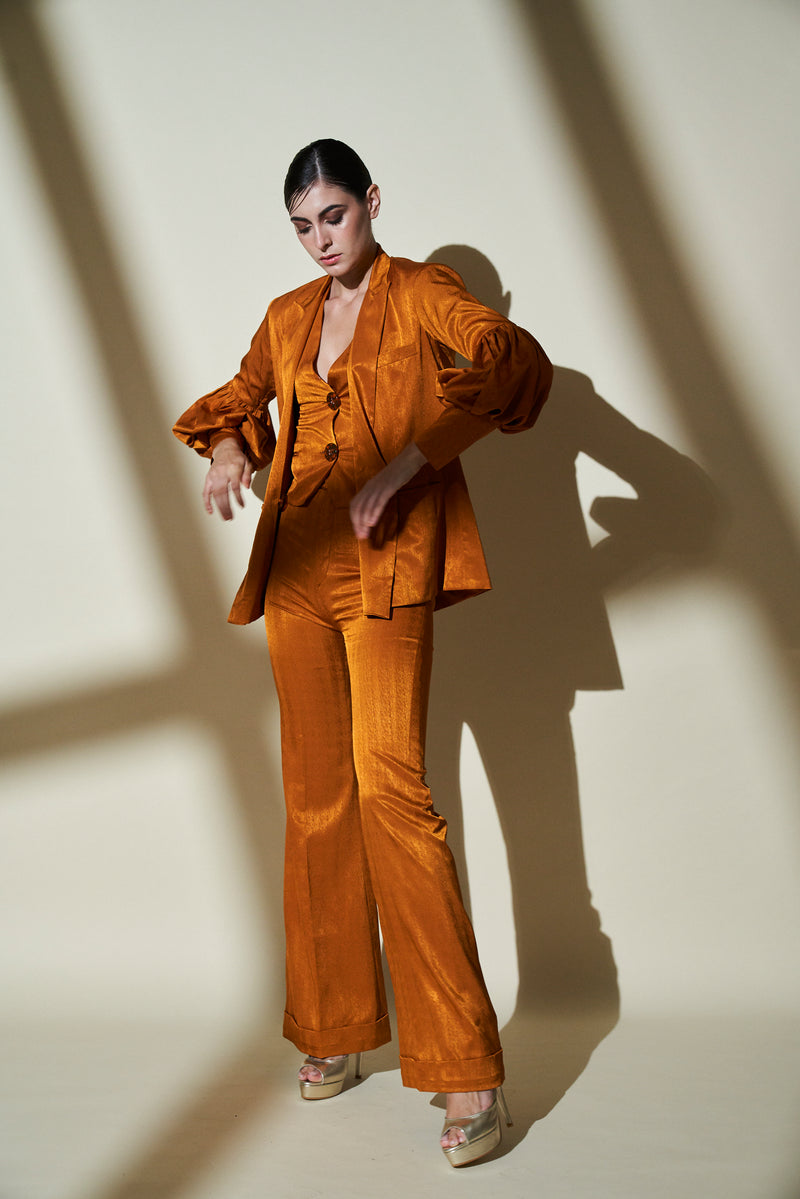 Mustard-Yellow-Gold 3 Piece Pant Suit With Balloon Sleeves
