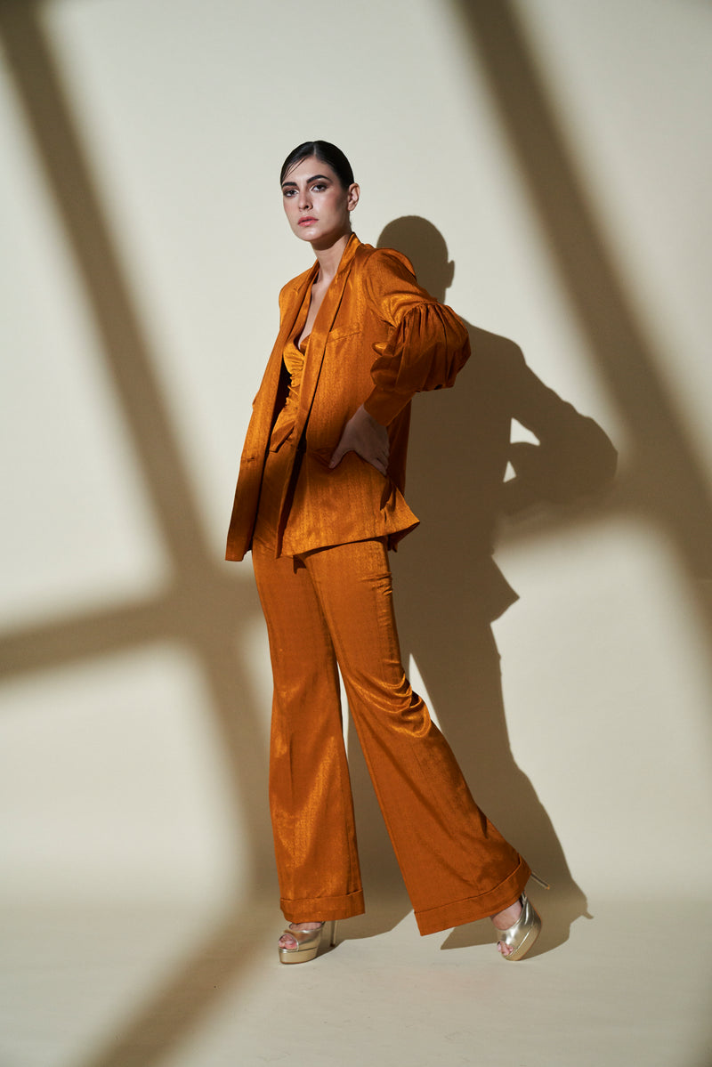 Mustard-Yellow-Gold 3 Piece Pant Suit With Balloon Sleeves
