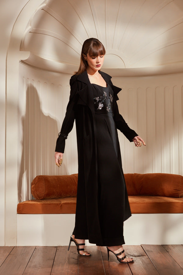 Black Luxury Suiting Trench Coat With Pants And Corset With Noire Glass Beads & Thread Embroidery
