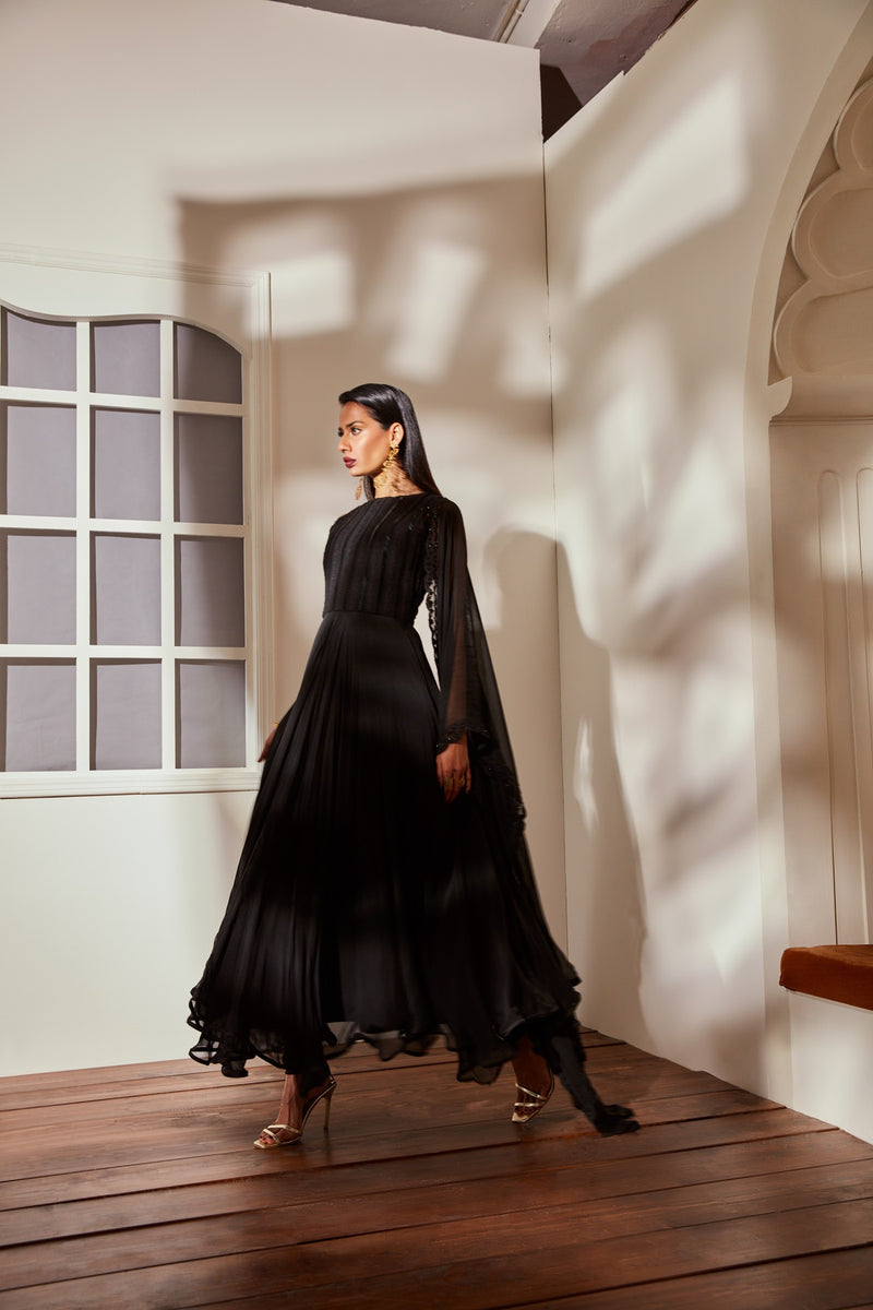 Black Anarkali With Churidar And Dupatta With Noire Glass Beads & Thread Embroidery