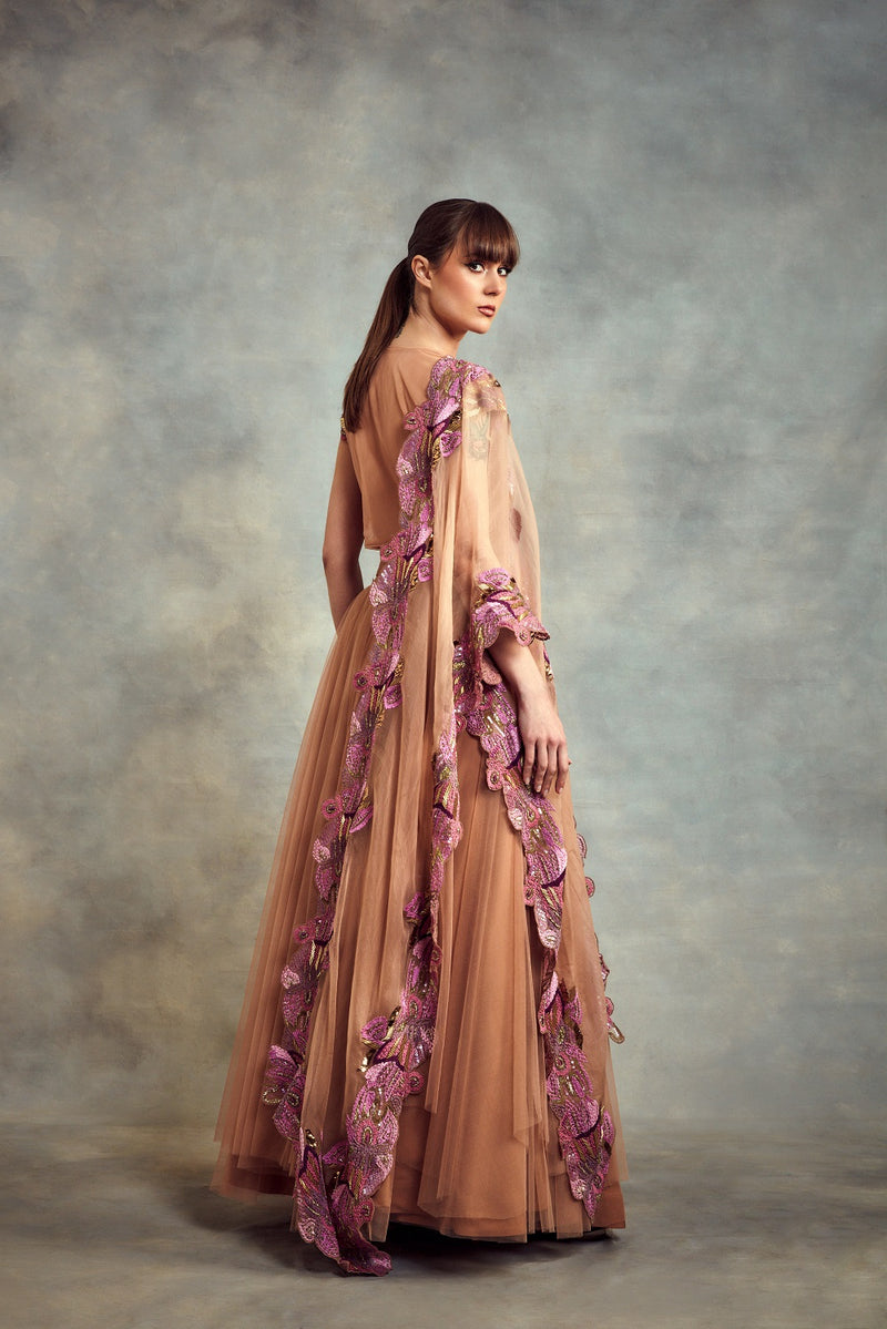 Peach Candy Lehenga With Corset Top & Dupatta In HandThread Embroidery With Metallic Embellishments