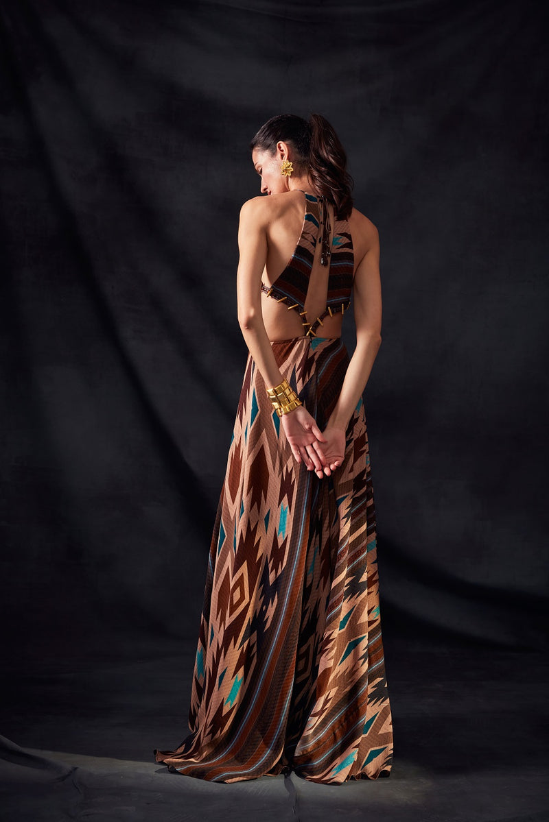 Stripe Aztec Print Cut Out Maxi Dress