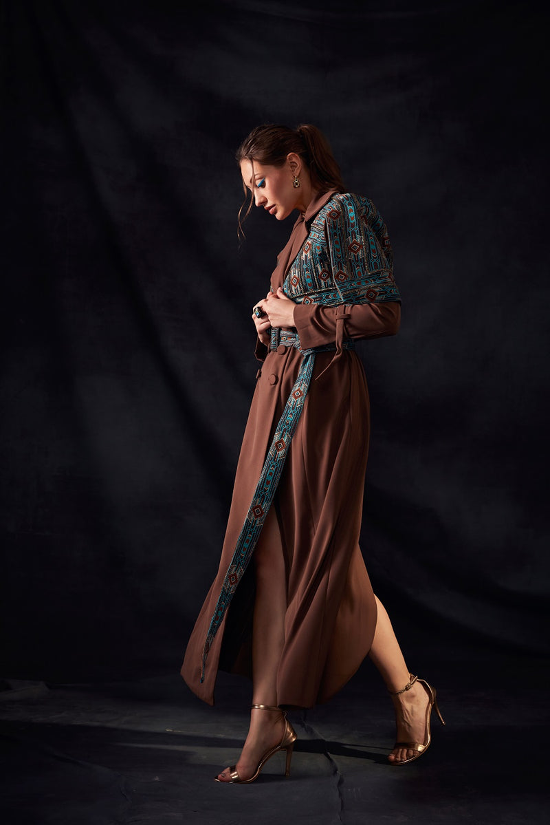 Dark Tan Trench Coat With Embroidered Belt
