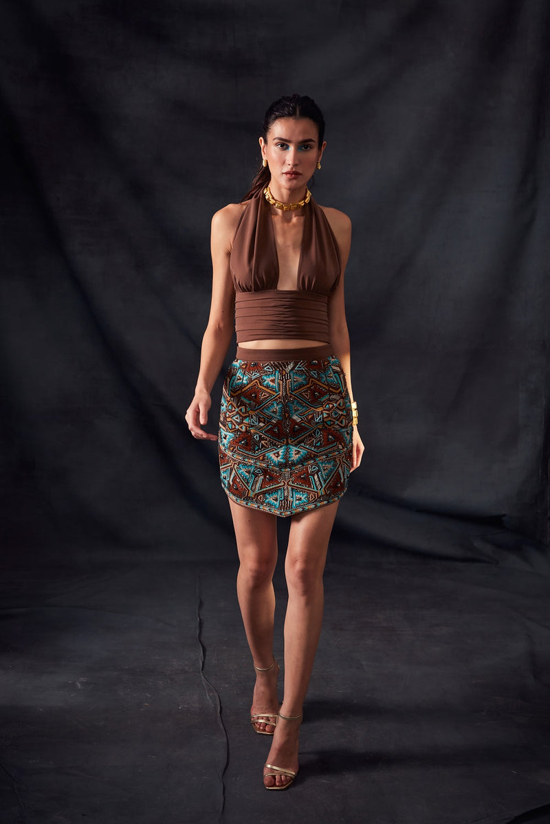 Dark Tan Skirt With Turkish Threadwork & Gunmetal Embellishment Embroidery