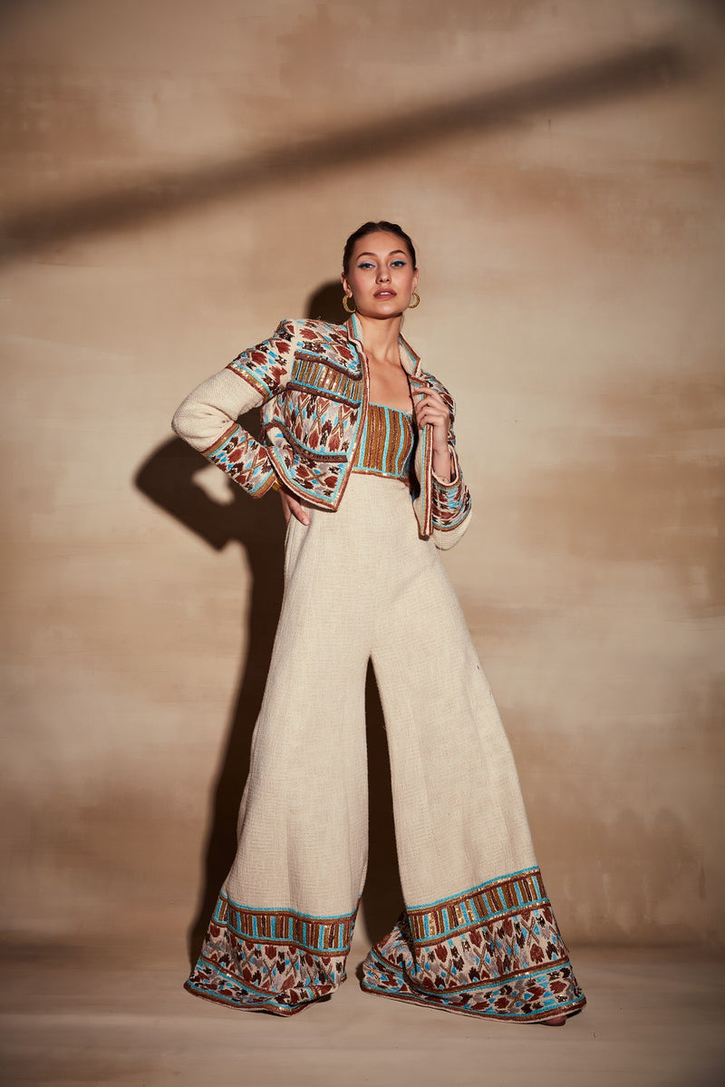 Off White Jumpsuit With Rafia & Metallic Wire Embroidery