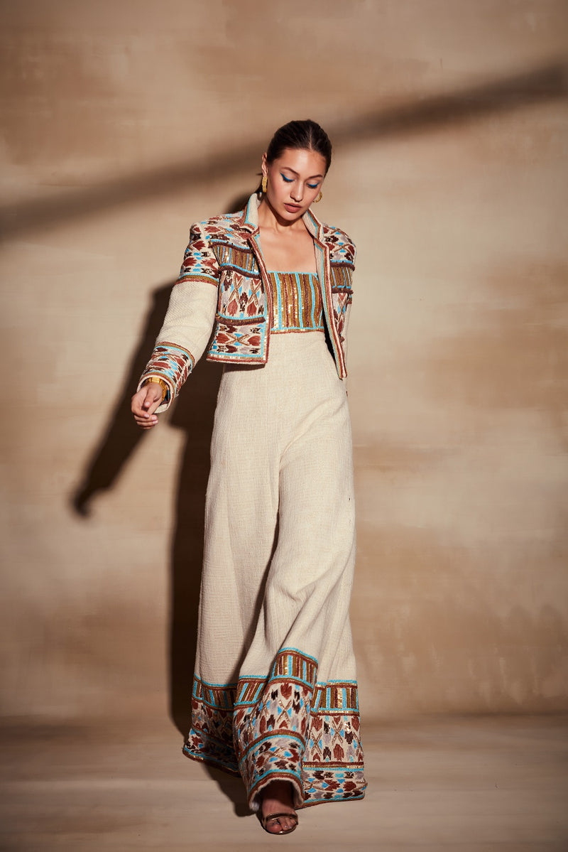 Off White Jumpsuit With Rafia & Metallic Wire Embroidery