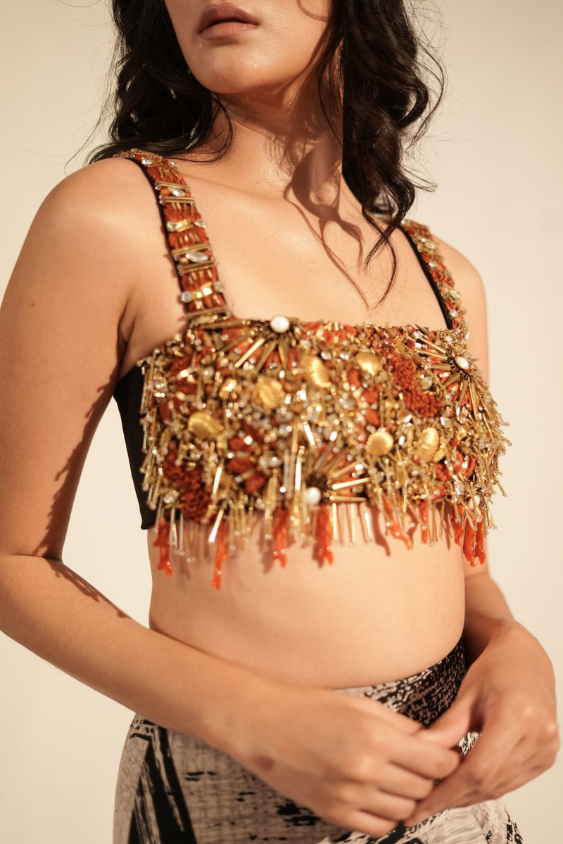Black Luxe Suiting Crop Top With Coral & Metallic Gold Embellishment