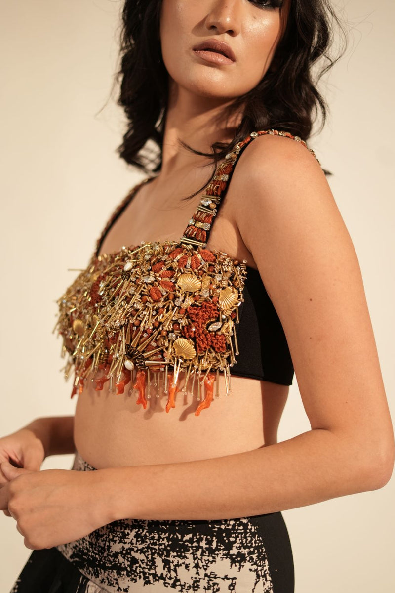 Black Luxe Suiting Crop Top With Coral & Metallic Gold Embellishment