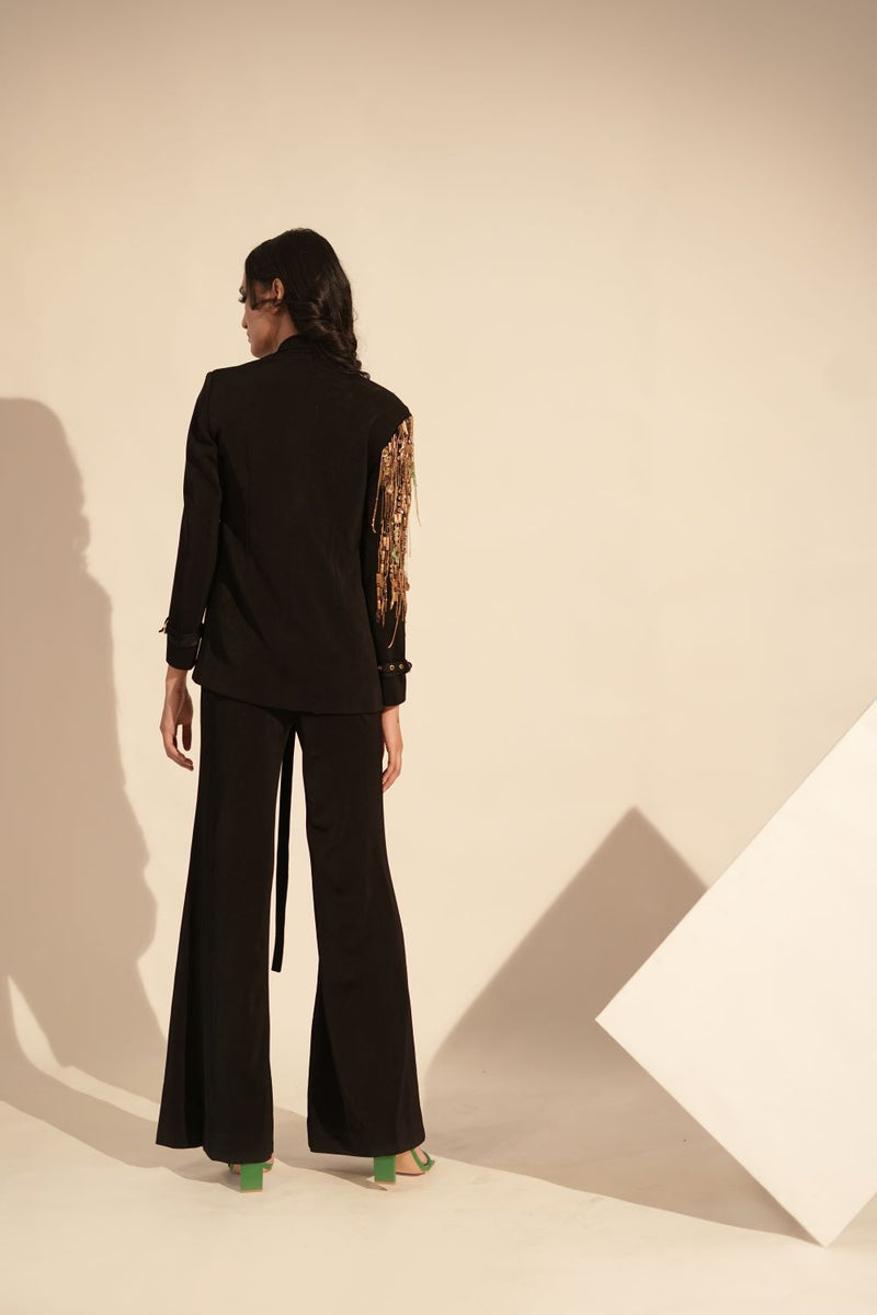 Black Pantsuit Set With Metallic Gold Embellishment