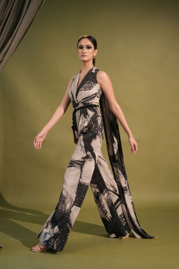 Black & White Stroke Print Jumpsuit Sari