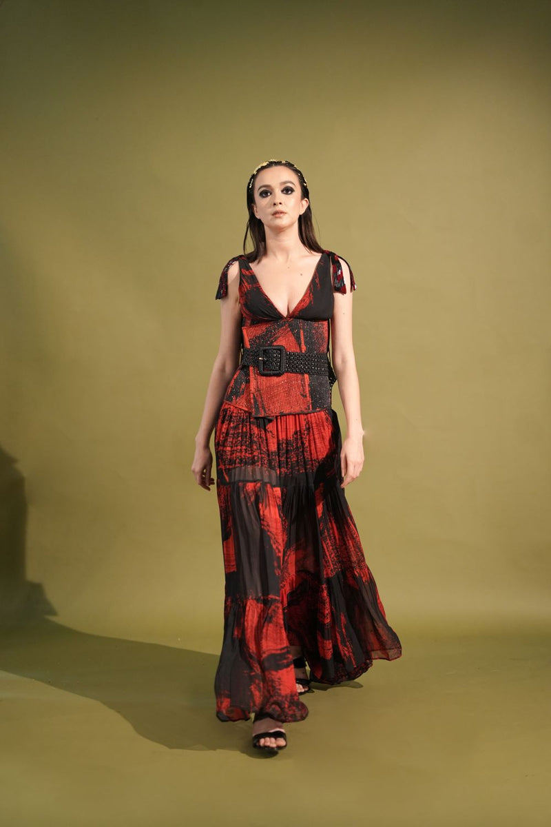 Red & Black Stroke Print Corset With Belt