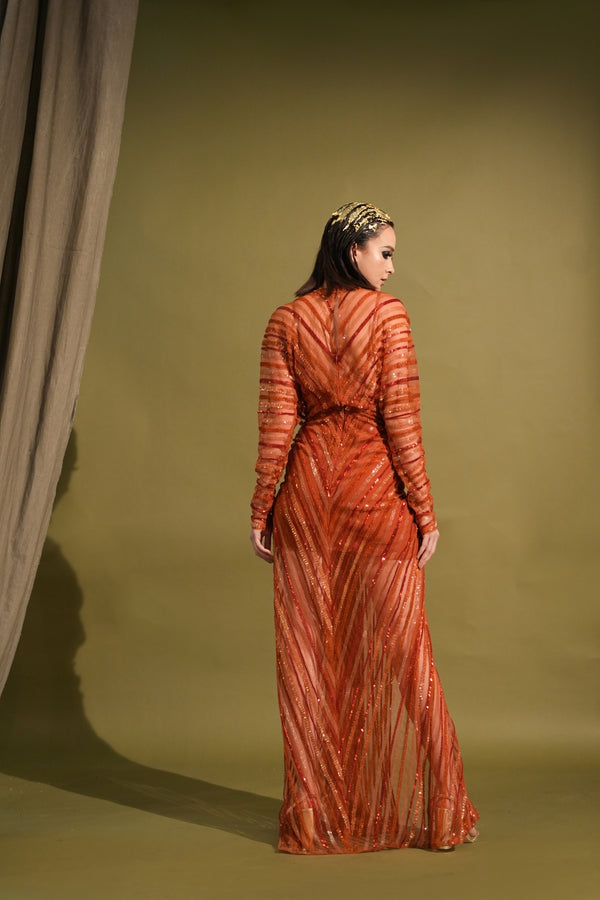 Tangerine Drapped Maxi With Sequenced Embellishment