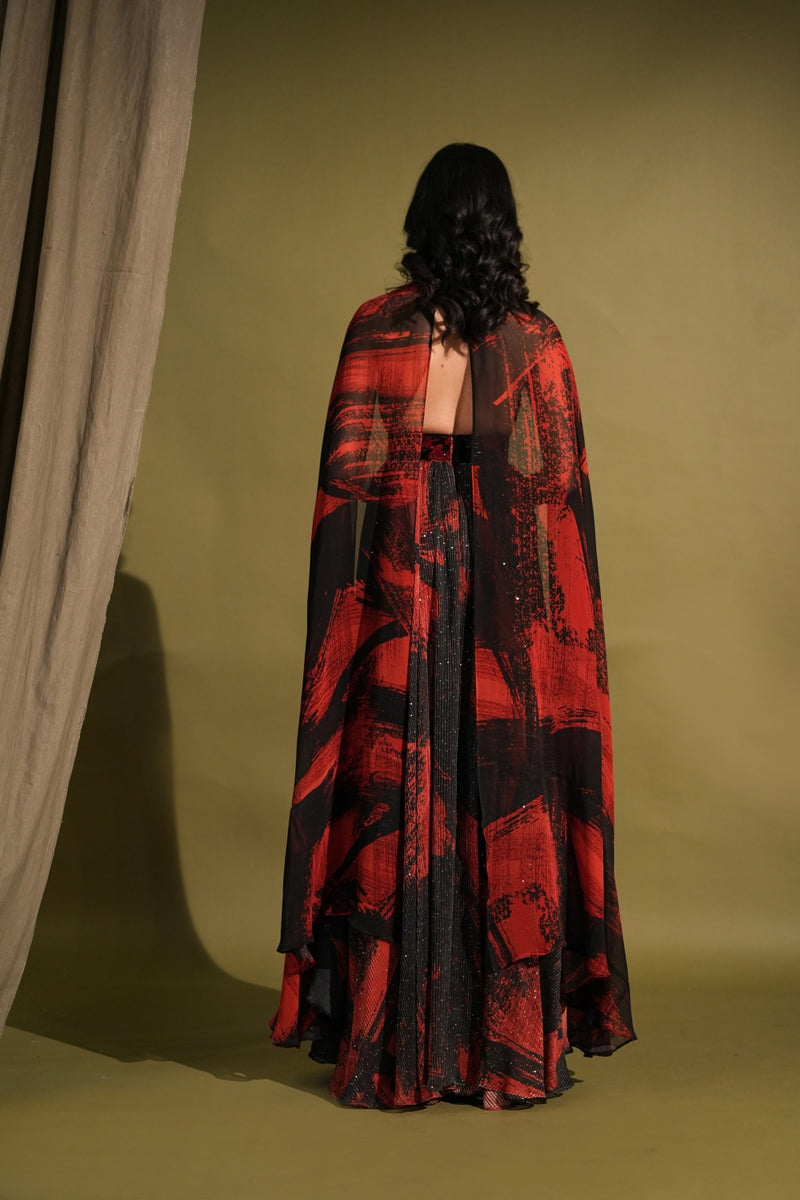 Red & Black Stroke Print Maxi Dress With Flowy Sleeves With Glass Bead Embellishment