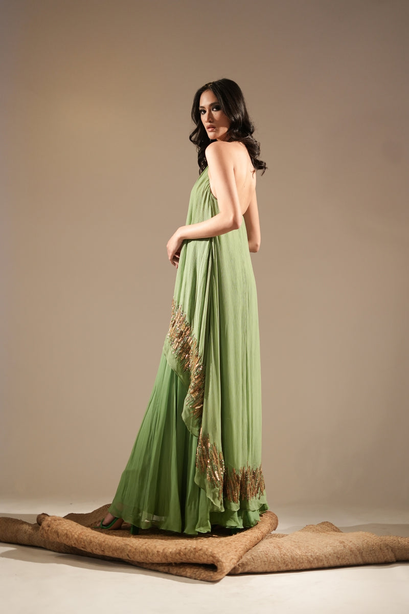 Jade High Low Top And Sharara Set With Aged Gold Embellishment