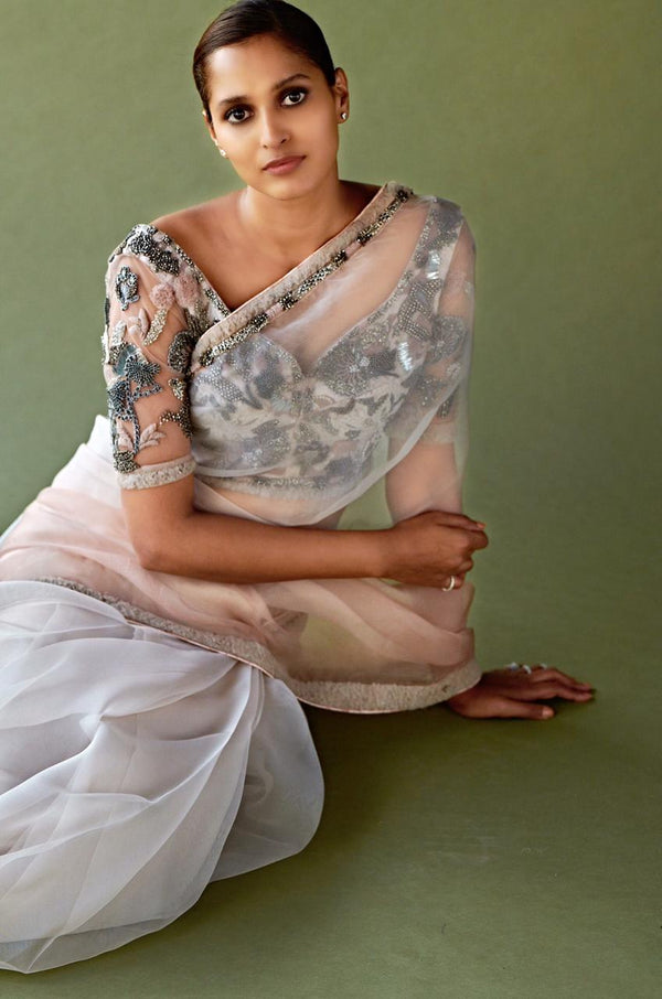 Blush Pink Ombre Saree & Pewter Hand Embellished Blouse
