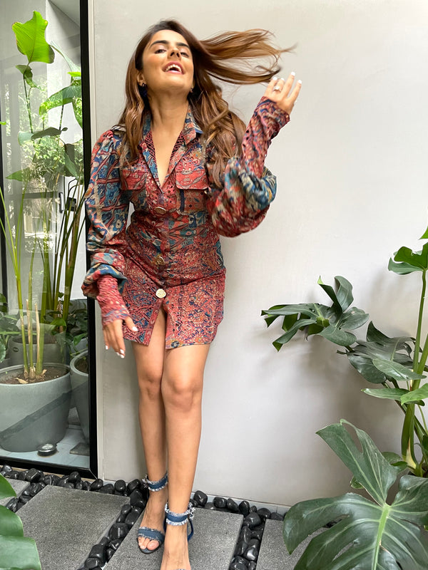 Simran Luthria In Carpet Print Cutwork Dress With Mutton Sleeves