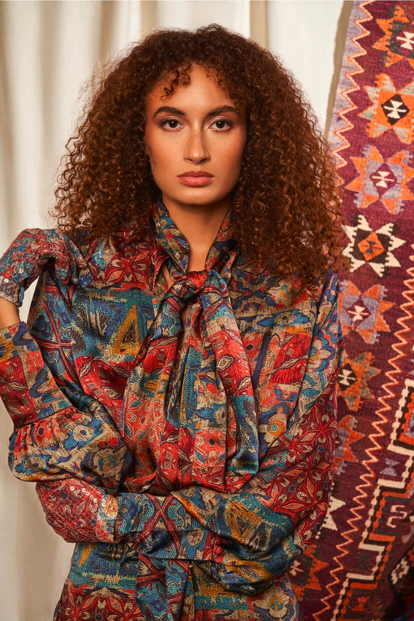 Shruti Haasan in Carpet Print Pussy Bow Shirt And Brick Print Sequin Pants