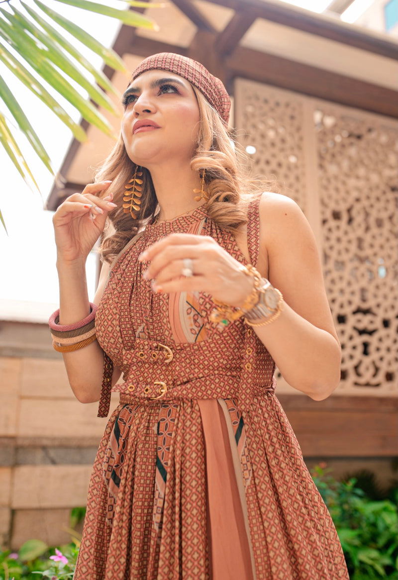 Khushnaz Turner In Terracotta Mix Print Maxi Dress With Girdle