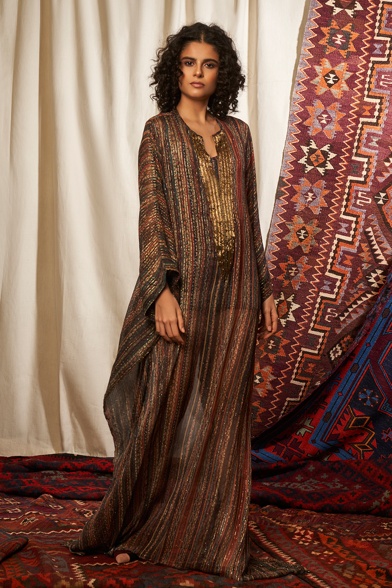 Safia In Stripe Print Kaftan With Embellished Neck