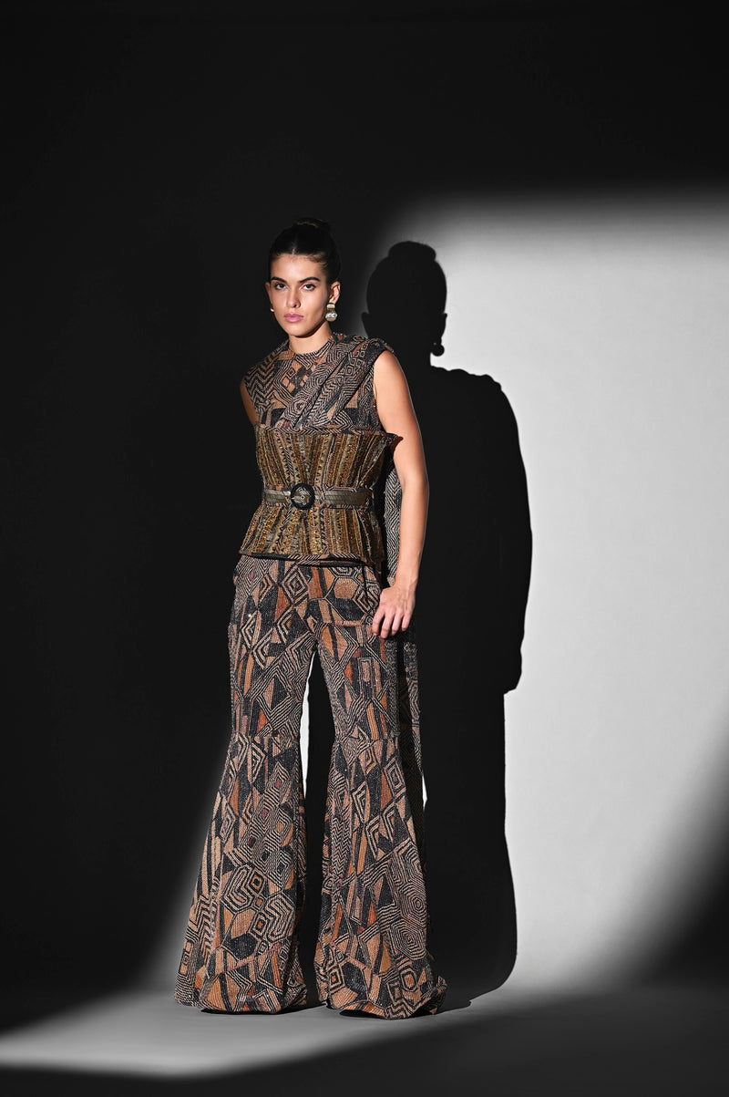 BROWN GEOMETRIC PRINT BODYSUIT AND PANT WITH ATTACHED DRAPE SET