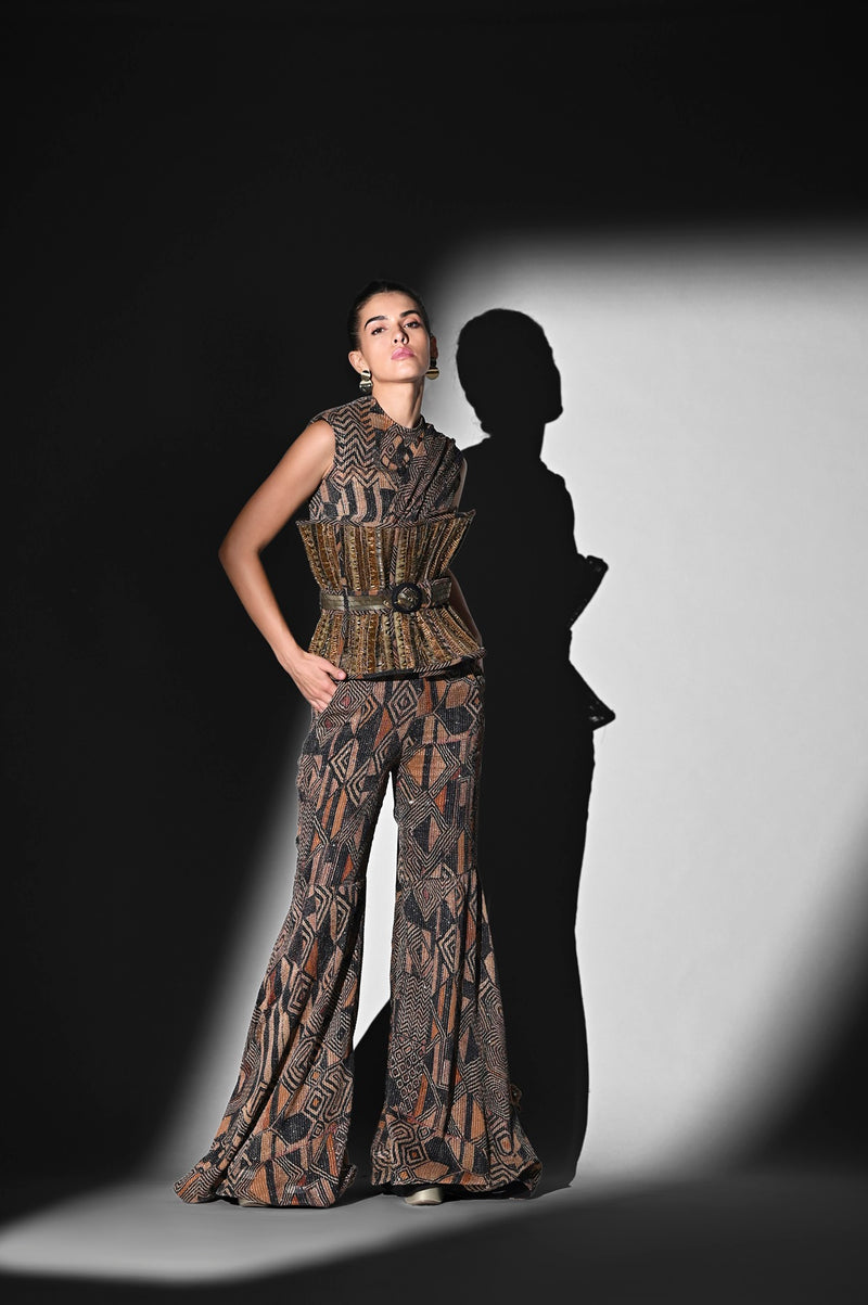 BROWN GEOMETRIC PRINT BODYSUIT AND PANT WITH ATTACHED DRAPE SET