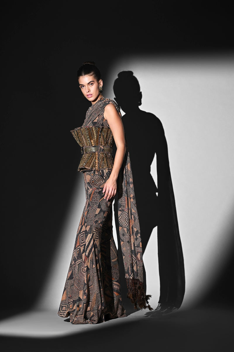 BROWN GEOMETRIC PRINT BODYSUIT AND PANT WITH ATTACHED DRAPE SET
