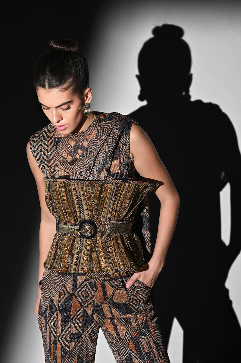 BROWN GEOMETRIC PRINT BODYSUIT AND PANT WITH ATTACHED DRAPE SET