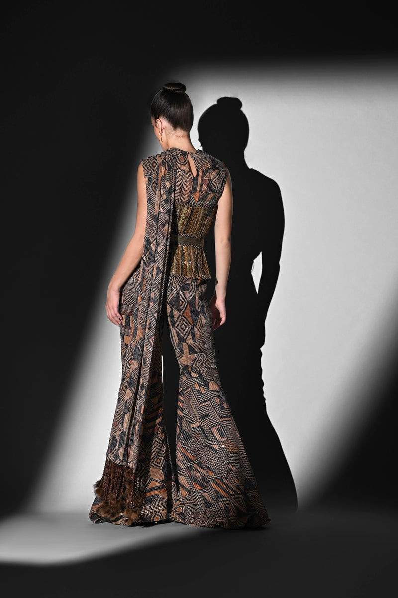 BROWN GEOMETRIC PRINT BODYSUIT AND PANT WITH ATTACHED DRAPE SET