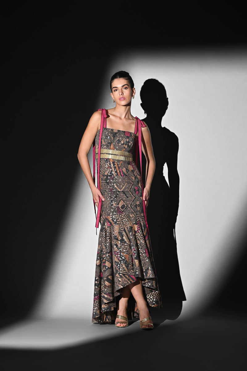 PINK GEOMETRIC SHEETED PURE GEORGETTE DRESS WITH GLASS CUT-PIPE EMBROIDERY